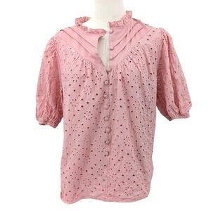 Romantic Cottagecore Pink Eyelet Blouse Vintage Inspired Puff Sleeve‎ Top Sz S